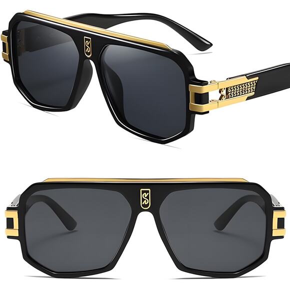 EZ Accessories - Vintage Retro Pilot Sunglasses Black Gold Frame Polarized UV400 Square Design